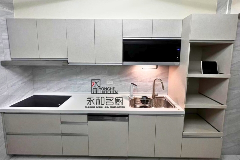 一字型系統廚具 (人造石檯面SD413、系統板JM322灰織沙)